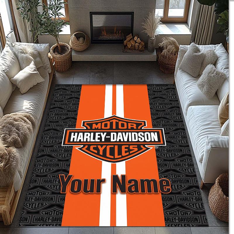 Harley-Davidson Crystal Velvet Rug, Custom Name Text Personalized Non‑Slip Floor Mat for Home Decor Gift
