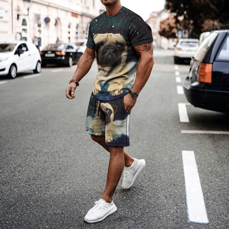 Летние комплекты одежды из 2 предметов. Спортивный костюм. Мужская одежда больших размеров. Уличная одежда в стиле ретро. Мужские комплекты с 3D принтом милых животных. Футболка и шорты.
