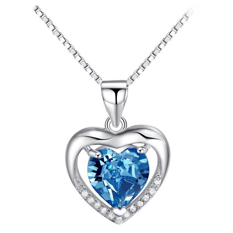 European Korean Style 925 Sterling Silver Heart Necklace Women Purple Blue Zircon Heart‑shaped Pendant