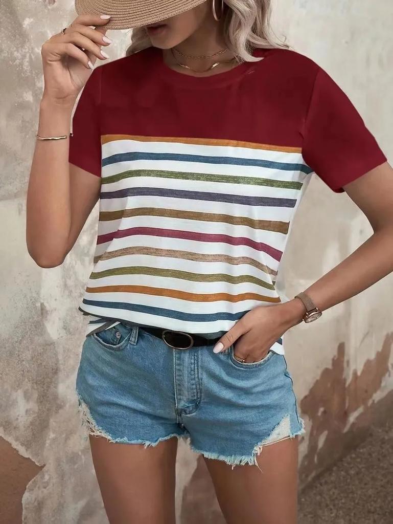 Summer Women's 3D Striped Printed T-shirt Top Casual Short Sleeved Round Neck Clothing