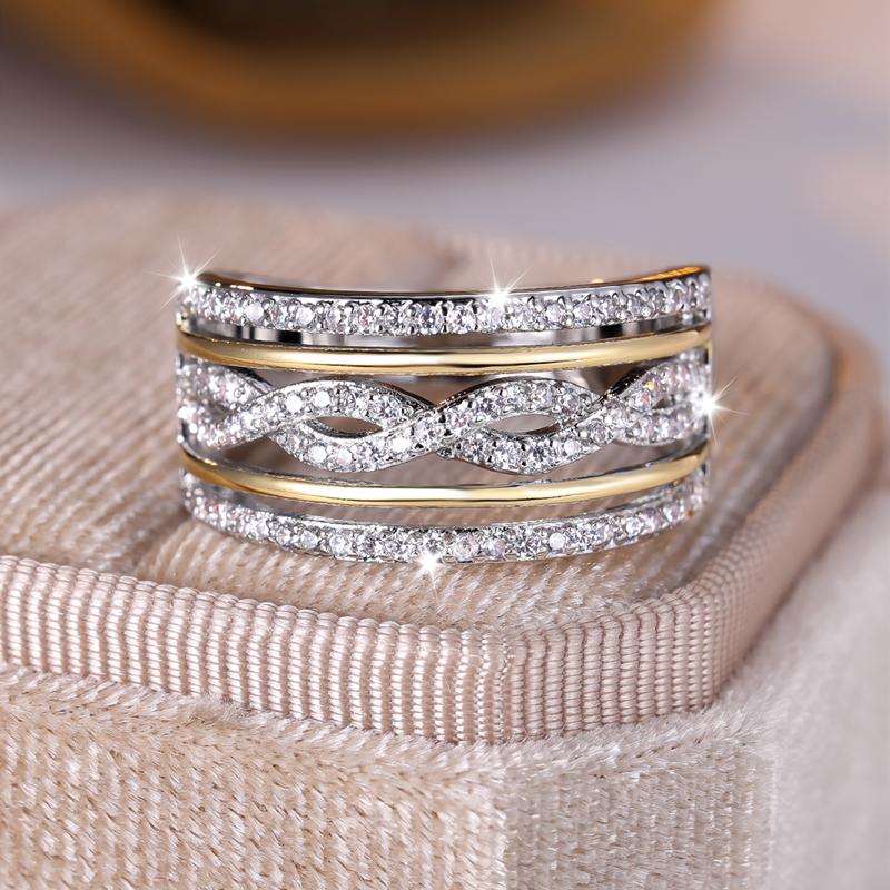 Роскошные многослойные широкие кольца золотого и серебряного цвета для женщин, блестящее белое циркониевое обручальное кольцо, свадебное ювелирное украшение, подарок