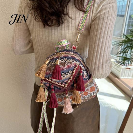 Shoulder Pressure Relief Bag Ethnic Jacquard Backpack, Colorful Small Backpack with Tassels, Geometric Tassel Decoration Straps, Boho Crossbody Purse