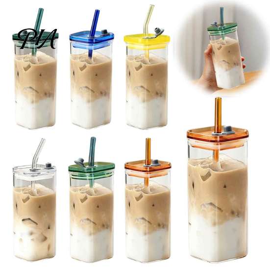 Reusable Glass Tumblers for Cold Drinks Square Borosilicate Cup with Lid And Straw, 350ml Capacity, Heat-Resistant Cups Lids Straws Tumbler,