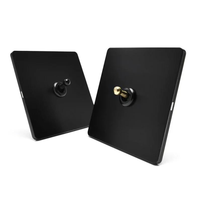 86 Тип Ретро Выключатель 1-4 Gang 2 Way Настенный Светильник Латунный Рычажный Переключатель Черный Матовый Нержавеющая Стальная Панель Розетка EU FR