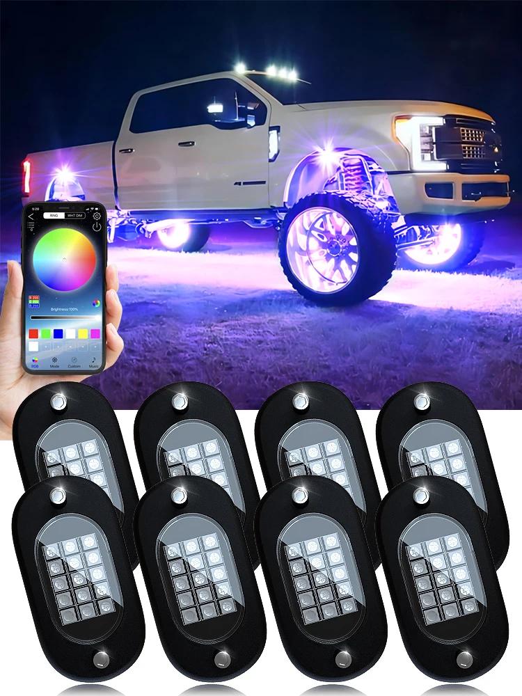 4/6/8/10/12 Pods RGB LED Rock Light APP Control Music Neon Car Underglow Chassis Light Offroad Truck SUV 4x4 ATV Boat Car Led