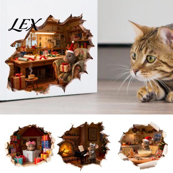 Holiday Home Decor Gifts Christmas Mouse Wall Sticker, 3D Realistic Cute Illustrations Decal, Festive for Glass Waterproof PVC Decorative Decoration
