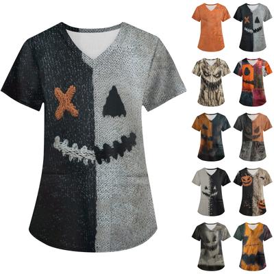 Женская рабочая униформа с принтом, V-образный вырез, карманы, базовый короткий рукав, пуловер, топ