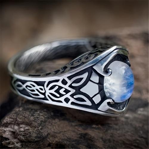 Vintage-Inspired Celtic Knot Silvery Ring with Iridescent Blue Stone - Durable 201 Stainless Steel, Perfect for Weddings, Engagements, and Special Occ
