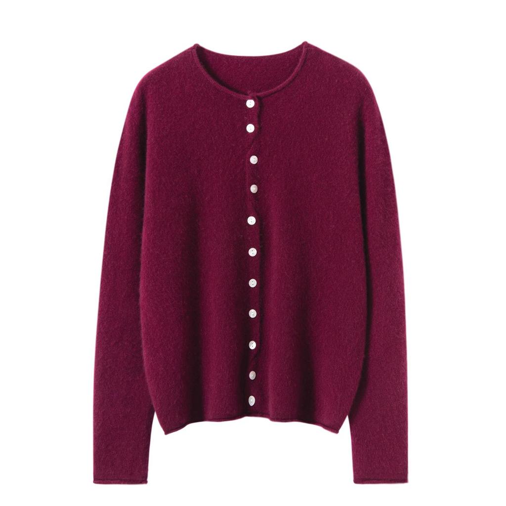 100% Pure Cashmere Rolled Edge Cardigan for Women - Slimming Autumn/Winter Knitwear Sweater with Multi-Button Style