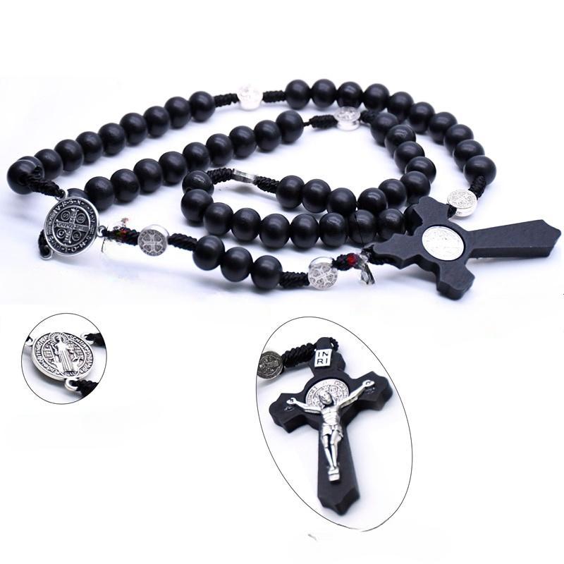 1 шт. Религиозные деревянные антикварные черные кресты с четками, ожерелья с подвесками в виде Иисуса, Святого Бенедикта, ожерелье из бисера для мужчин и женщин, ювелирные изделия