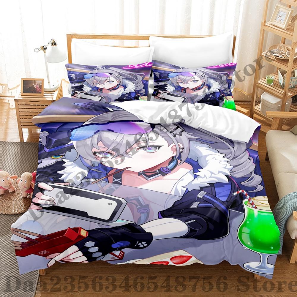 Kawaii Silver Wolf Honkai Star Rail Pattern Three Piece Bedding Set Luxury Comforter Set with Queen King Including household go