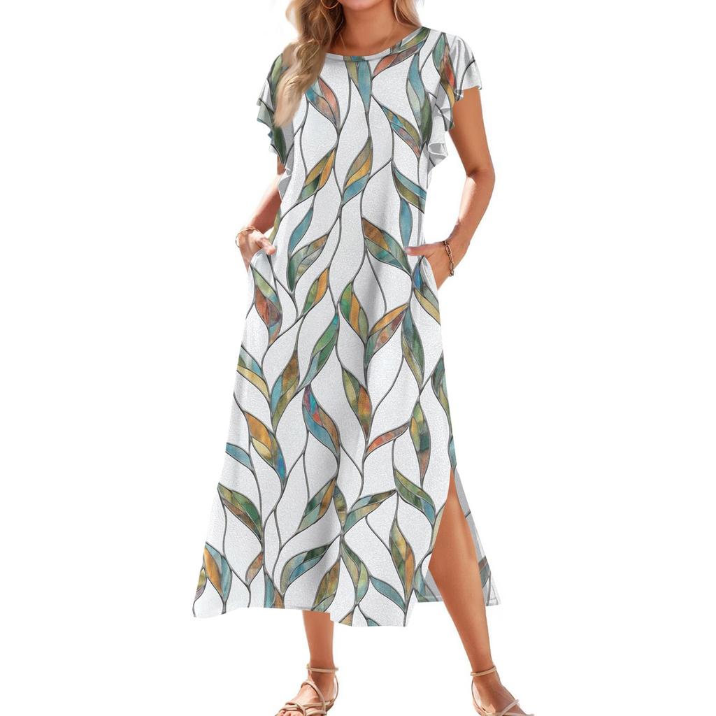 Женское модное летнее повседневное пляжное платье с плиссированными рукавами, свободным ретро-цветочным принтом, короткими рукавами, круглым завязкой и карманом