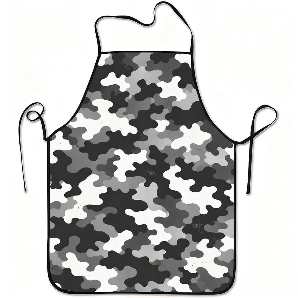 1pc Black Gray White Camouflage Print Apron, Durable And Easy to Clean, Adjustable Waistband, Polyester Material, for Kitchen Cooking, Gardening, Orch