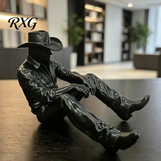Workwear Style Desk Art Western Cowboy Decor, 3D Printed Edge-Hanging Figurine with Dangling Legs, Retro Desktop Matte Black Vintage Statue
