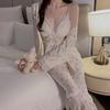 Sexy Pajamas Set, Women's Satin Pajamas with Breast Pads, Lace Suspender Tops, Trousers, Robes, Home Wear Sets