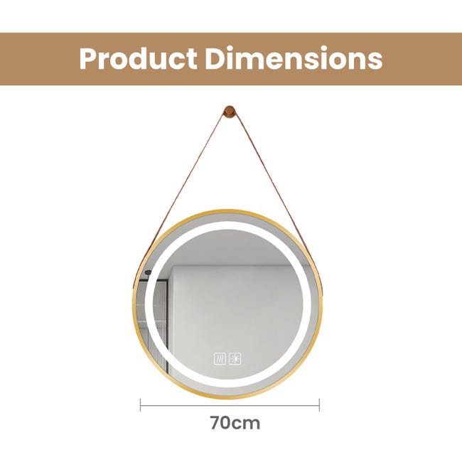 Round Gold LED Mirror with Elegant Frame, Touch Bathroom Mirror, Dimmable 3-Color Lighting, HD Anti-Fog Glass