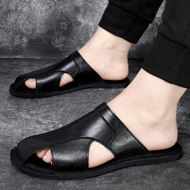 Outdoor Casual Men's Slippers Plus Size Soft Sole Breathable Summer New Style Beach Shoes Leather Large Size Soft Bottom Sandals
