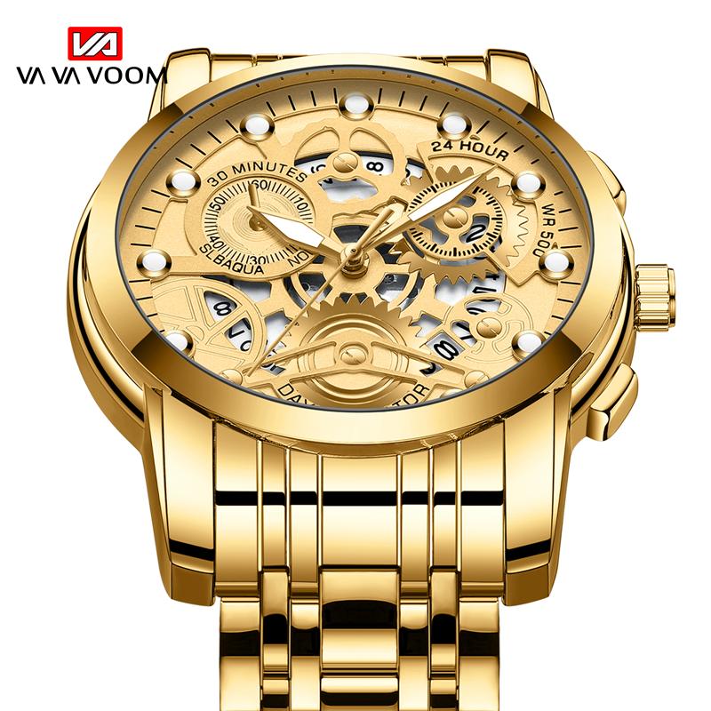 VA VA VOOM Золотые полые светящиеся кварцевые часы Часы со скелетом Мужские часы Импортные механизмы Деловые виды спорта для мужа Подарок Мужские часы из нержавеющей стали