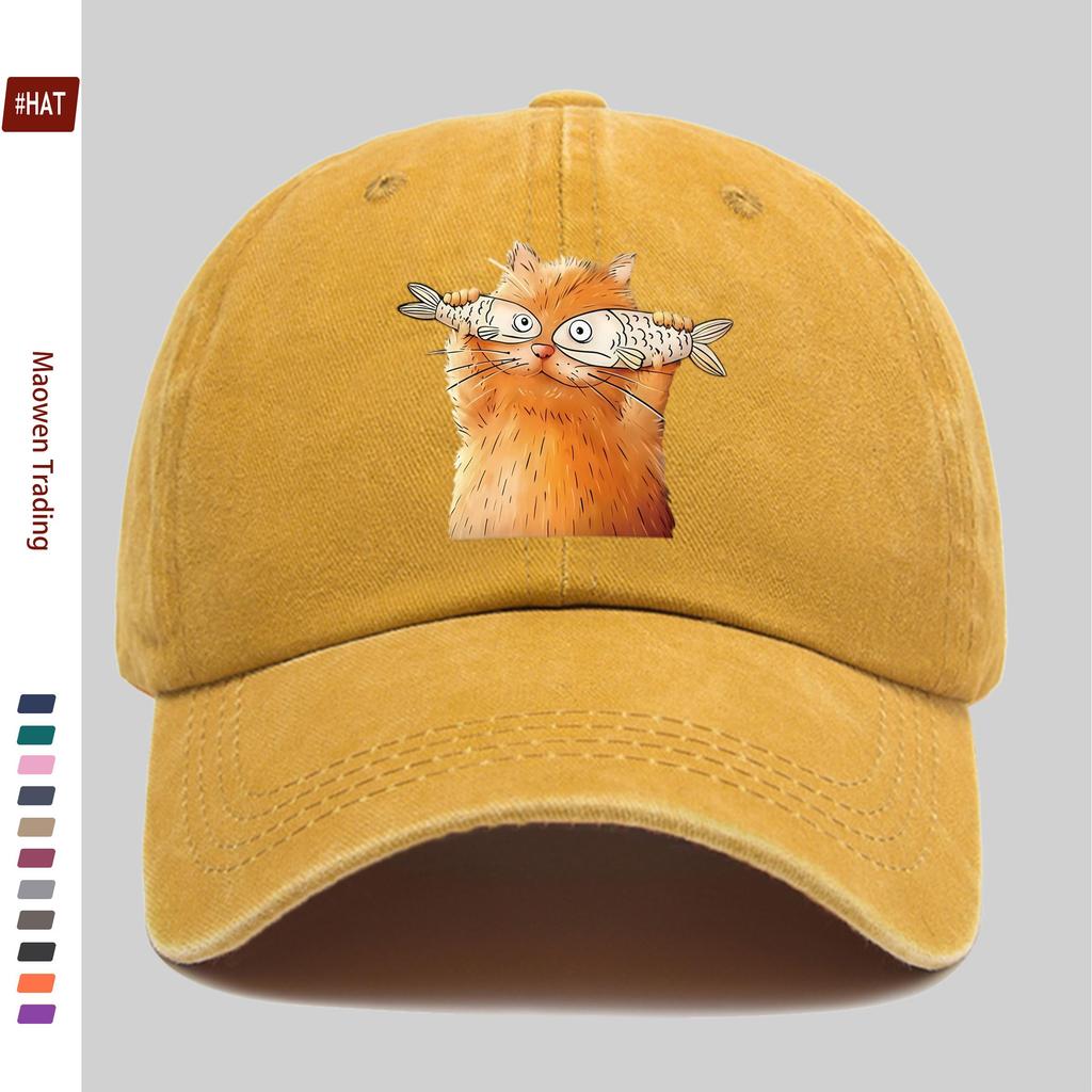 pc Unisex Playful Cat and Fish Pattern Print Baseball Cap Ideal Decorative Hat for Pet Lovers Multiple Colors Available Comf