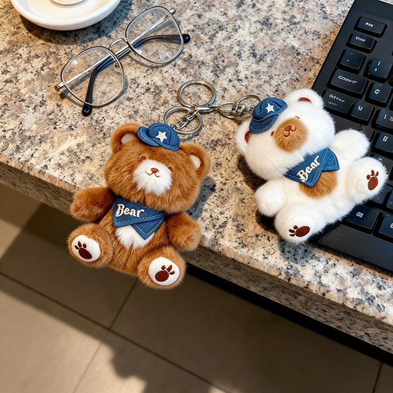 Mini Bear Keychain Cutecore Denim Hat Stuffed Plush Doll Bag Pendant Backpack Hanging Decor Accessory Gift For Couple Friends