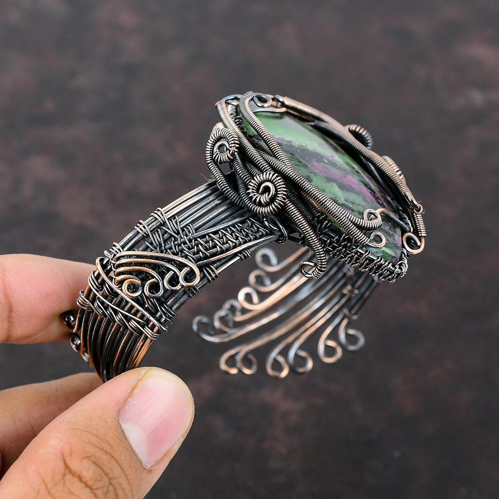Ruby Zoisite Bangle Copper Wire Wrapped Cuff Bracelet Adjustable Bangle Handmade Copper Jewelry Gemstone Bangle Wire Wrap Jewelry For Gifts