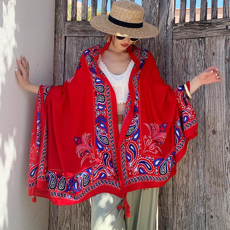 Red print ladies spring autumn summer outdoor sunshade sunscreen shawl scarf silk scarf travel photo shawl tassel