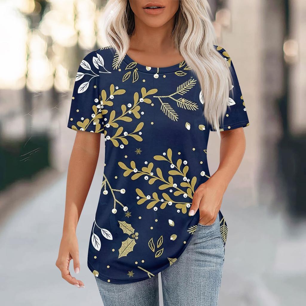 T Shirts For Women Pleated Round Neck Dressy Casual Blouses Printing Short Sleeve Summer Tops Loose Fit