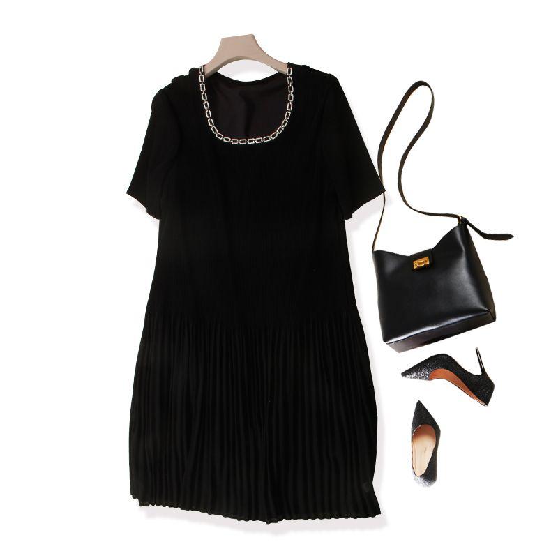 Little Gao End Sanzhai High-Elastic Dress! Women's Short-Sleeved Rhinestone Square Collar over-the-Knee Dress Breathable Summer