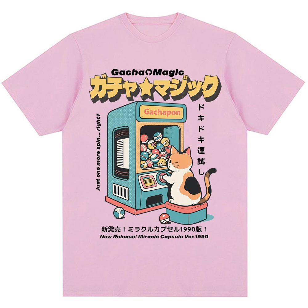 Japanese Style Cat Gashapon Toy Capsule Print T Shirt Harajuku Vintage Fashion T Shirts Men Women Oversized Cotton Casual Tees