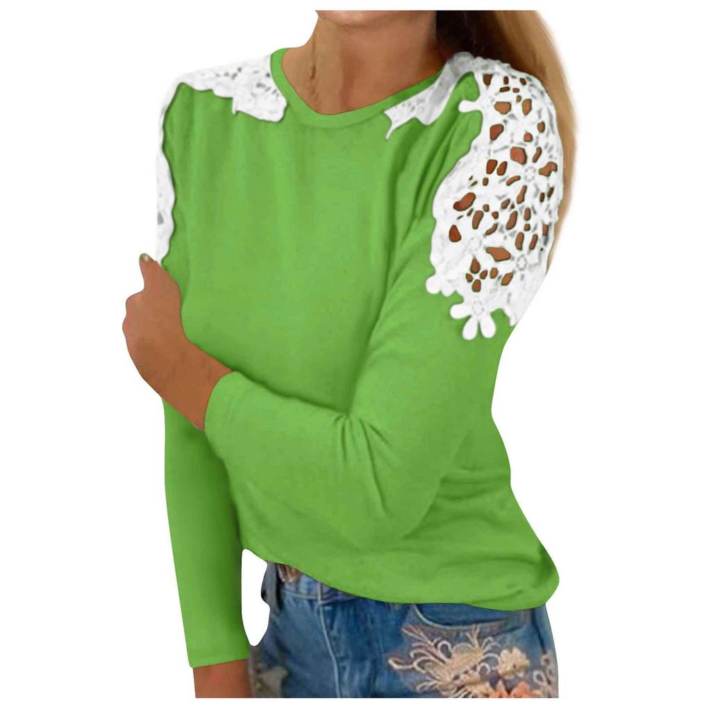 Женская модная однотонная лоскутная кружевная футболка с круглым вырезом и длинными рукавами, топ