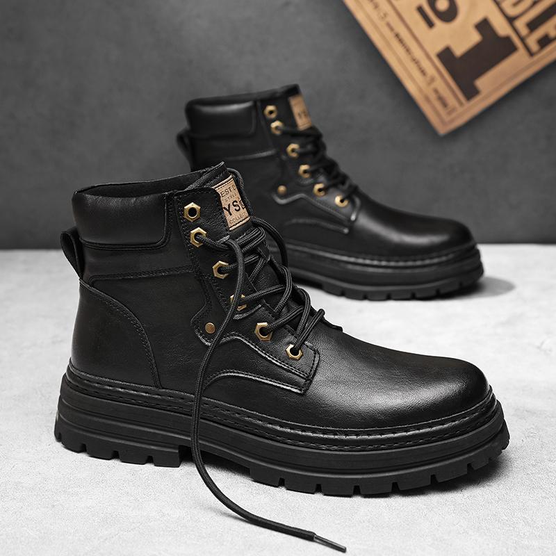 Fashion Genuine Leather Ankle Boots Man Round Toe Style Outdoor Motorcycle Boots Warm Plush Fur Winter Boots for Men Comfy Walking Shoes