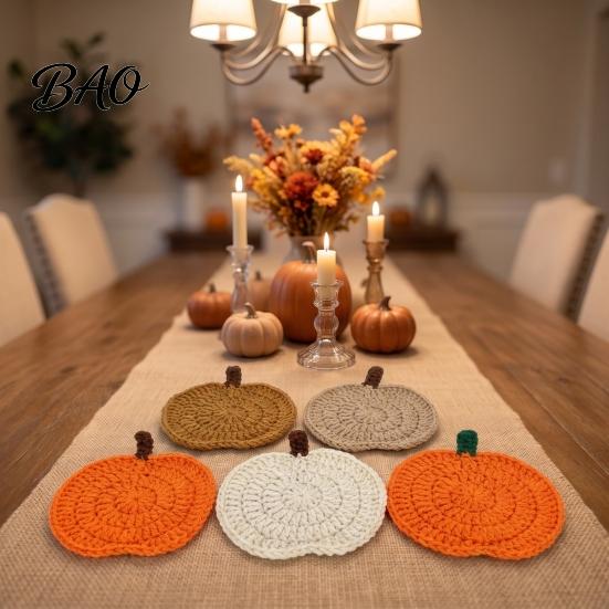 Durable Polyester Coasters Handmade Crochet Pumpkin Coasters, Soft Coffee Mats, Gift for Housewarming Autumn Themed Farmhouse Dining Accessories