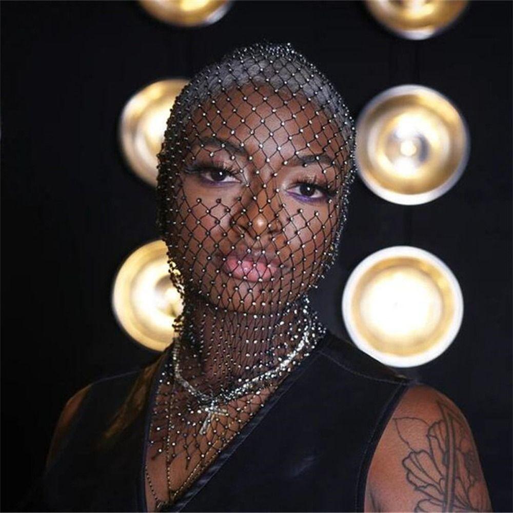 Headscarf Veil Mesh Crystal Head Mask Headwrap Rhinestone Mesh Veil Fishnet Headhood