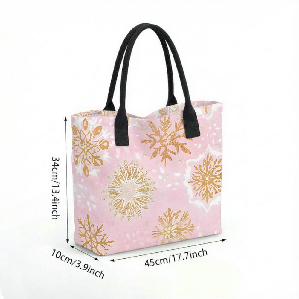 Tote Bag Pink Golden Snowflakes Winter Print Canvas Holiday Shopping Gift for Women