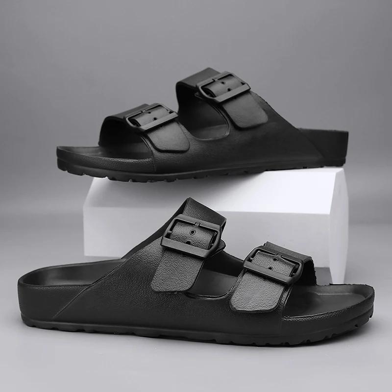 Модные мужские пляжные тапочки без застежек с пряжкой Casual, удобный плоский каблук для пар