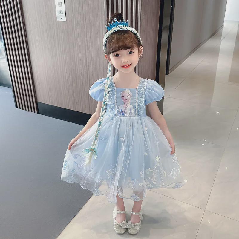 "Stylish Short-Sleeved Elsa Princess Dress for Girls: Trendy Summer Puffy Skirt"