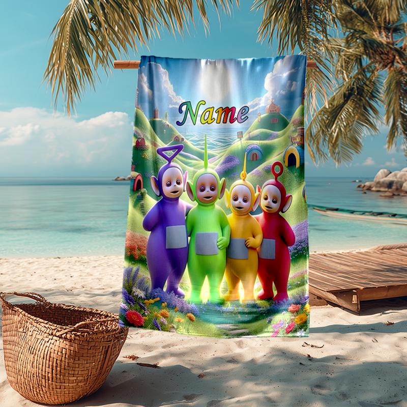Custom Name Ultra-Soft Beach Towel with Teletubbies Theme,Ideal for Pool - Camping, Diving - Perfect Travel Essential, Vibrant Beach Towel.