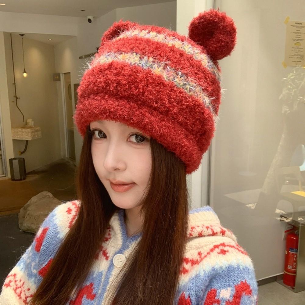 Ear Protection Striped Beanie Hat Polyester Bear Ear Earflap Beanie Warm Winter Hat For Women