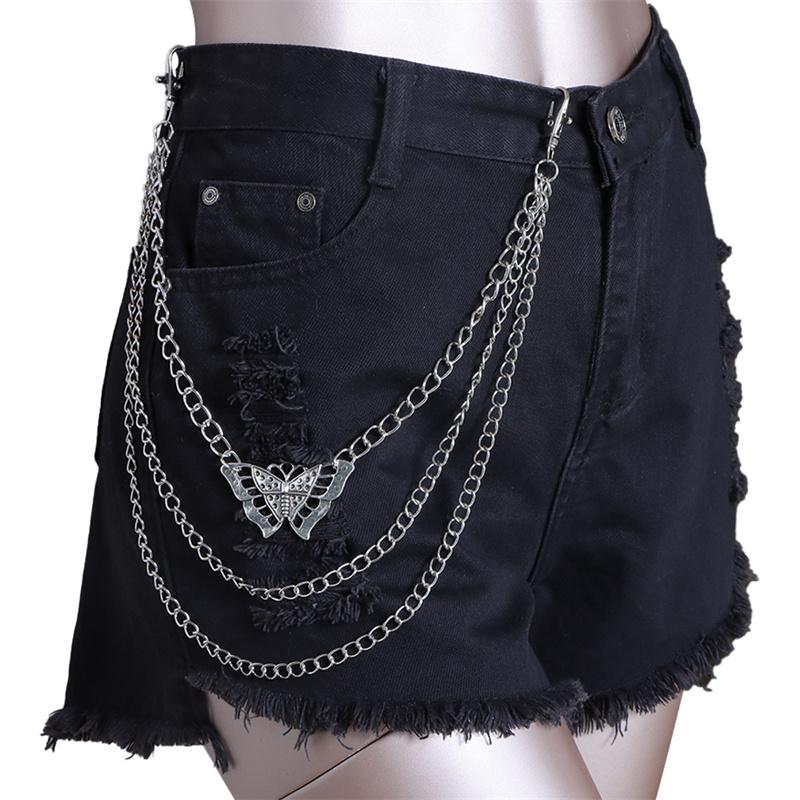 Punk Butterfly Biker Jeans Link Pants Keychain Women Men Belt Key Chain Double Layers Trousers Chain Fashion Hip Hop Jewelry