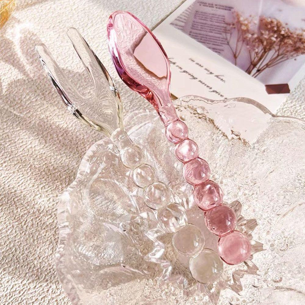 Heat Resistant Glass Spoons Fork Pink Green Coffee Mixing Spoon Creative Tableware Spoon Household