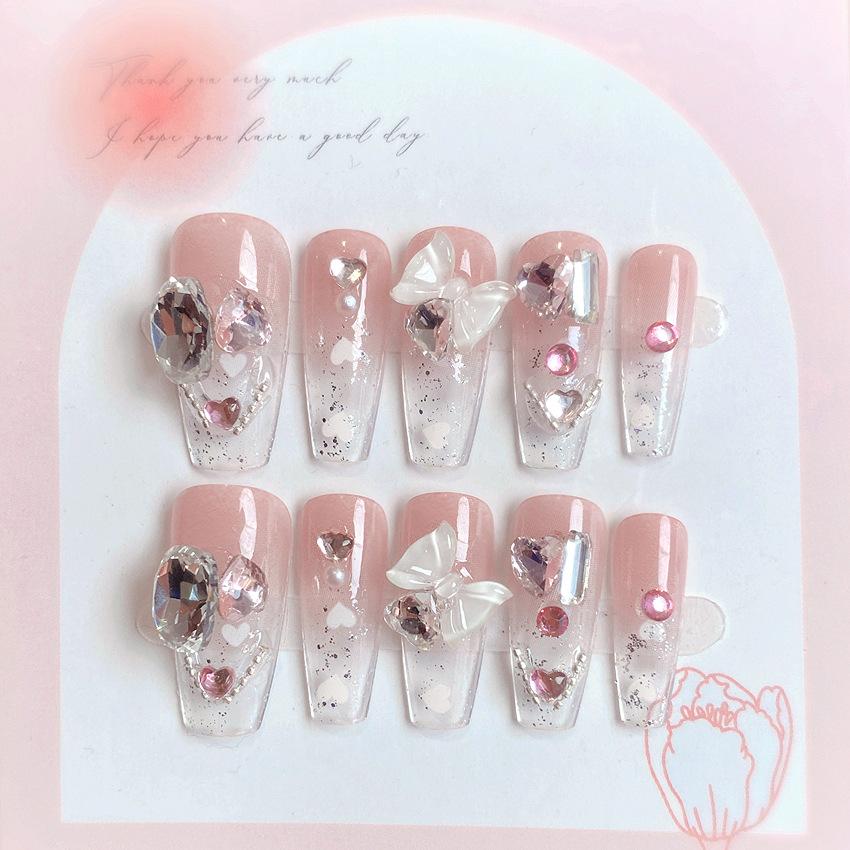 24Pcs Long Ballerina Press On Nails Sparkly Diamond And White Pearl Clear False Nails For Women Bride Wedding