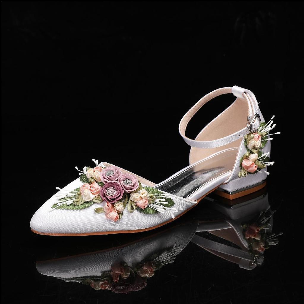 Fashion Korean Version Low Heel Solid Color Pointed Toe Wedding Banquet Flower Shoes Thin Heel Pointed Toe Luxury Zapatos De Mujer