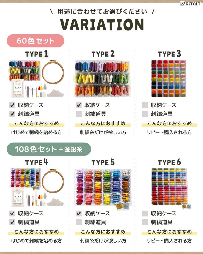 RITALT Embroidery Kit Embroidery Thread 108 Colors + Gold and Silver Pattern Book Embroidery Frame Beginner Set Storage Cloth [No. 258m6 Threads]