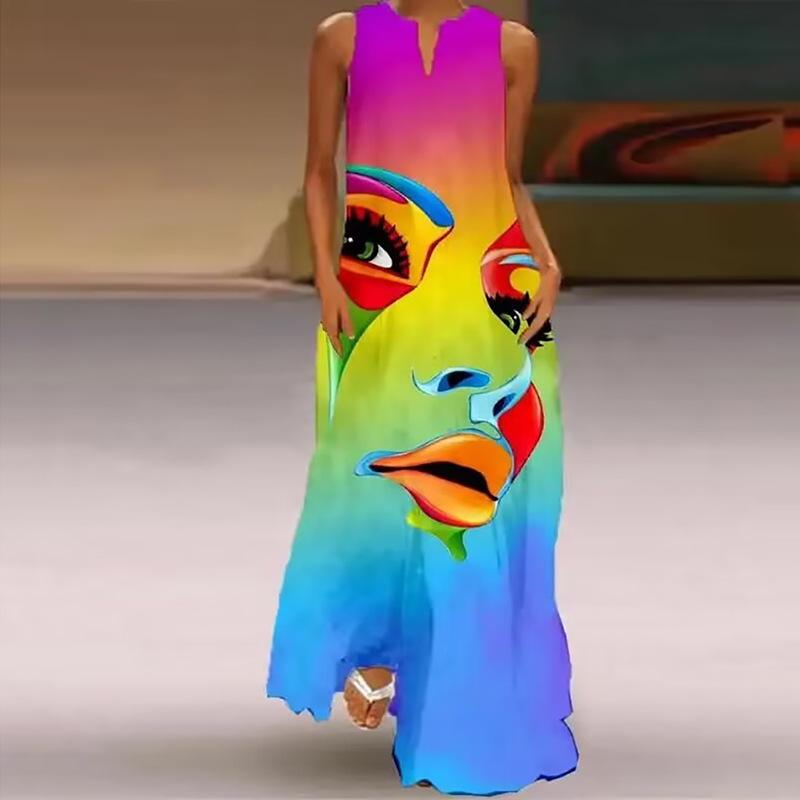 2024 Новое летнее женское европейско-американское принтованное макси-платье без рукавов с V-образным вырезом