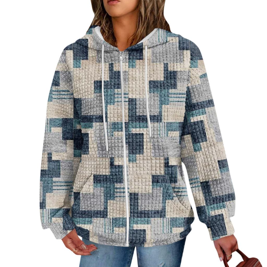 Women's Fashion Irregular Geometric Print Long Sleeve Pocket Loose Zipper Hooded Hoodie Jacket