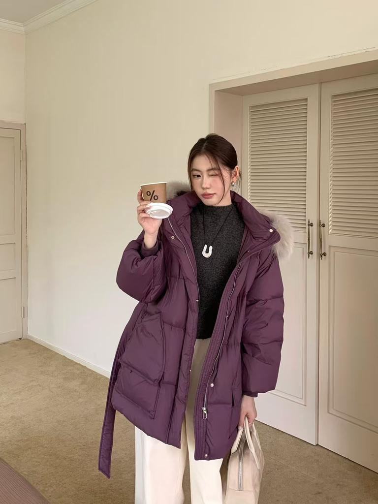 2024 новый большой меховой воротник с капюшоном белый утиный пуховик женский талия и тонкий средний и длинный утолщенный пальто