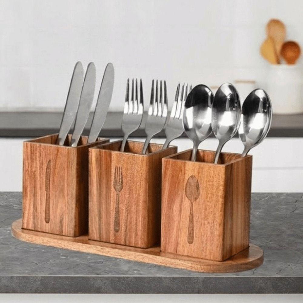 Space Saving 3 Compartment Cutlery Holder Wooden Flatware Organizer Farmhouse