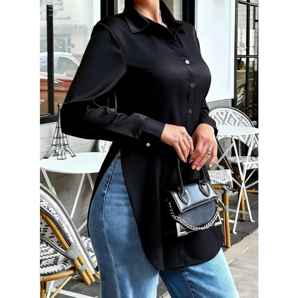 Fitted, Slimming, Long-sleeved Satin Shirt with An Asymmetrical Hem for Women