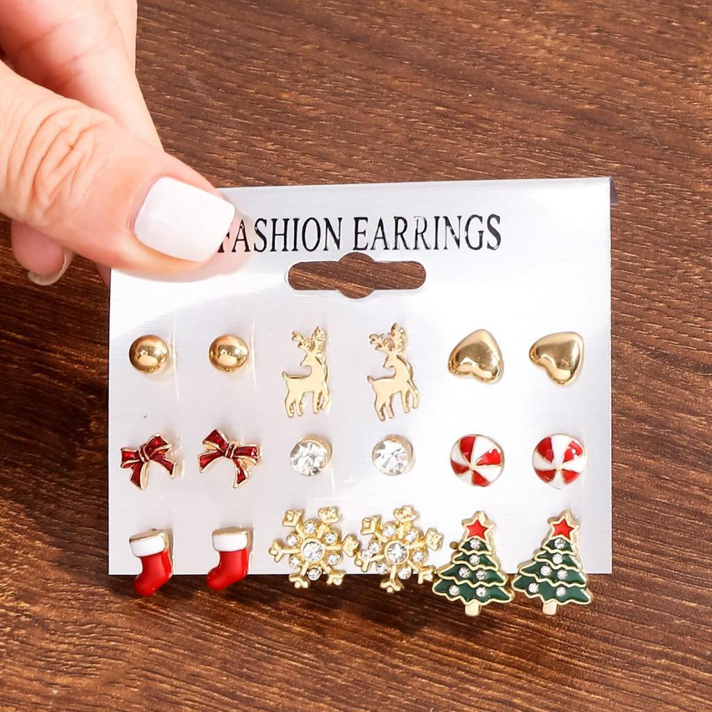 Exquisite Christmas Earrings: Diamond-Inlaid Tree, Snowflake, and Bell Studs