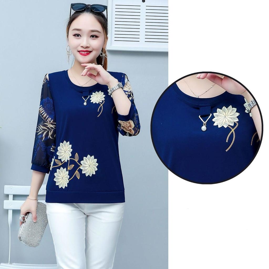 Новый летний короткий топ с рукавами четверти, женская футболка, свободный круглый воротник с принтом, одежда для матери, M-5XL